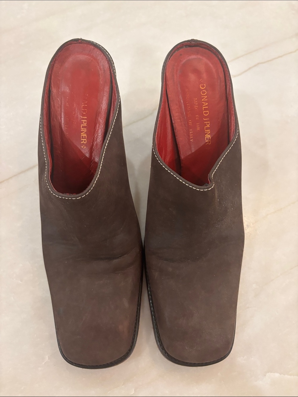 Donald J. Pliner Brown Suede Slip-On Mules with Red Leather Interior